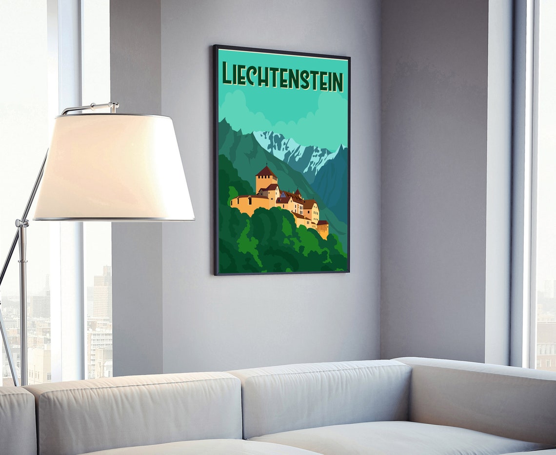 Liechtenstein Vaduz Castle Snowy Alpine Mountains Retro Travel Poster - Image 4