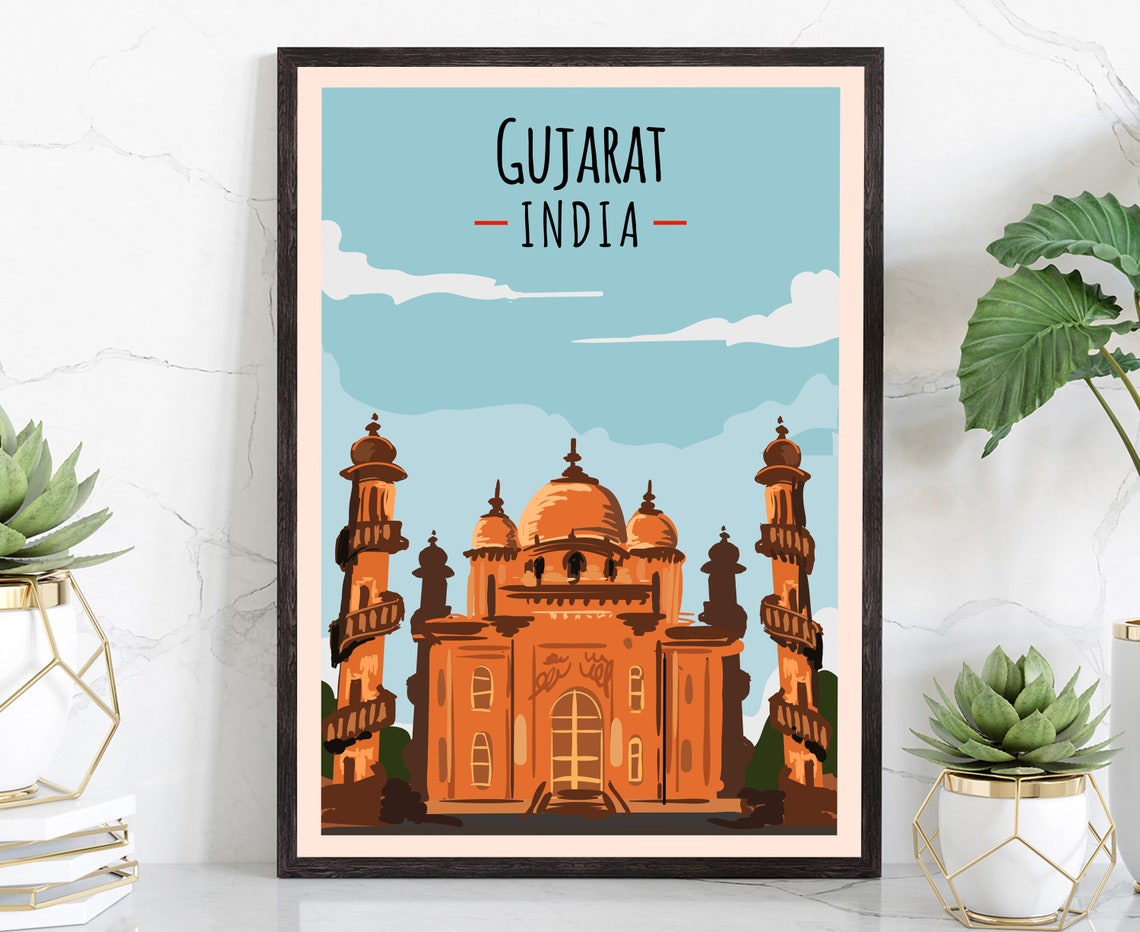Gujarat India Red Sandstone Mosque Dome Retro Travel Wall Poster