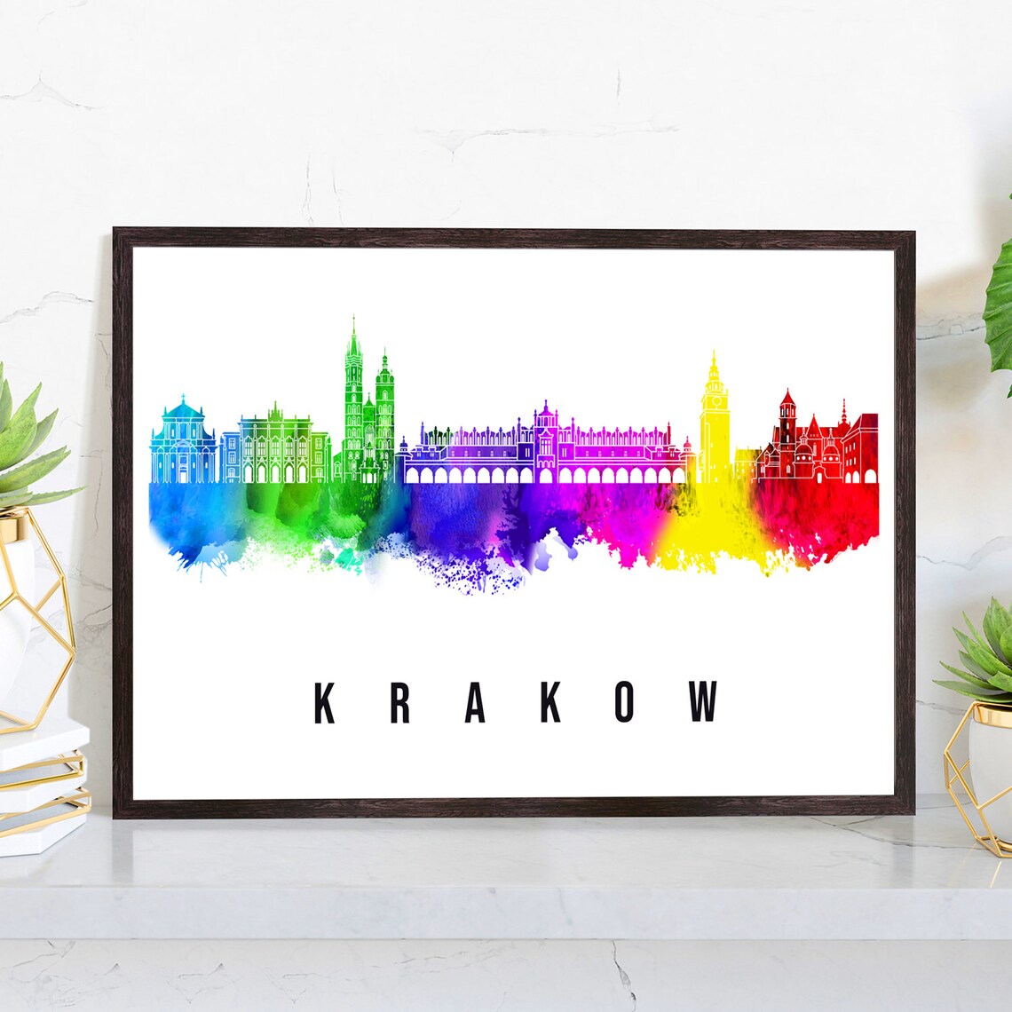 Krakow Poland St Marys Towers Cloth Hall Watercolor Skyline Poster