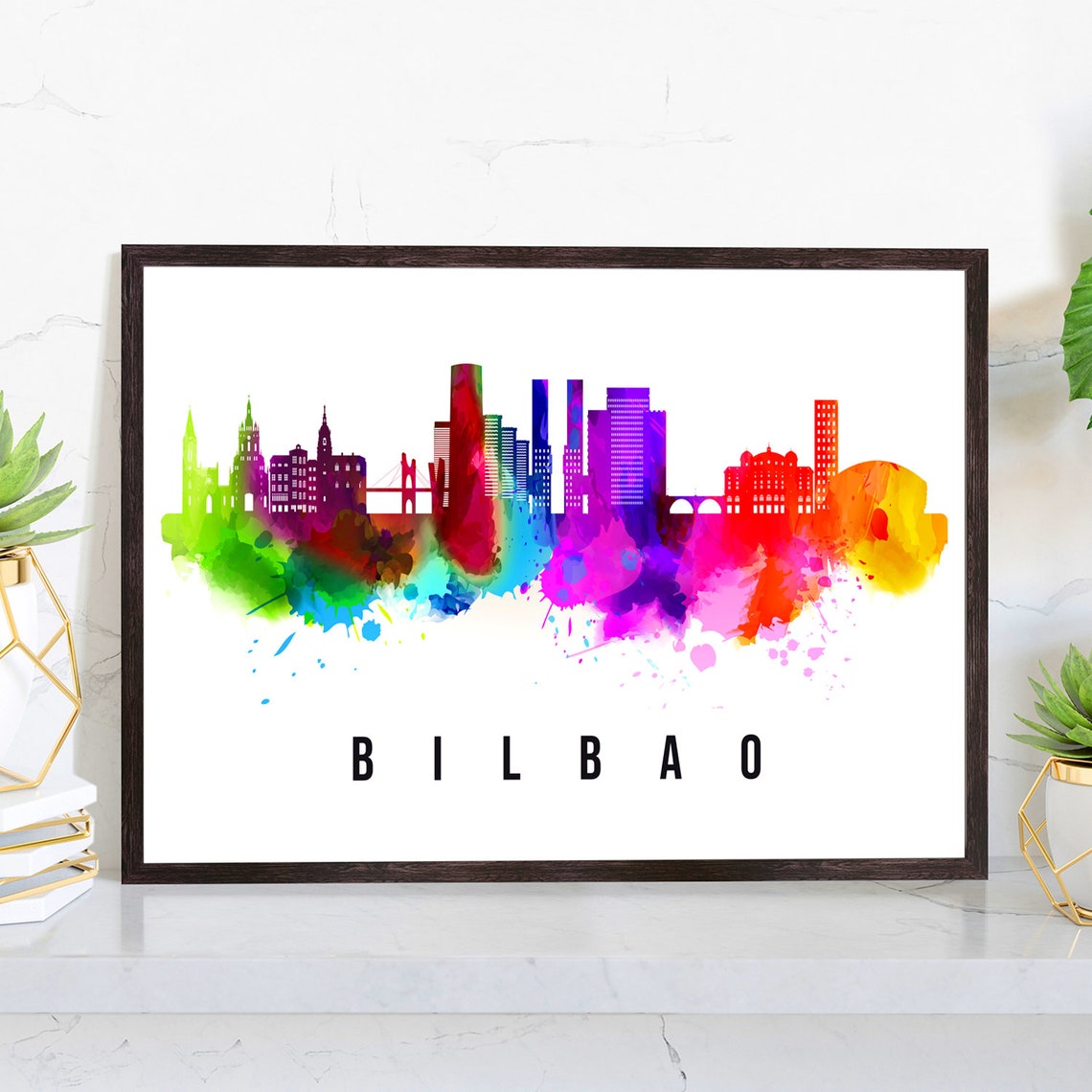 Bilbao Spain Rainbow Watercolor Skyline Modern Cityscape Travel Poster