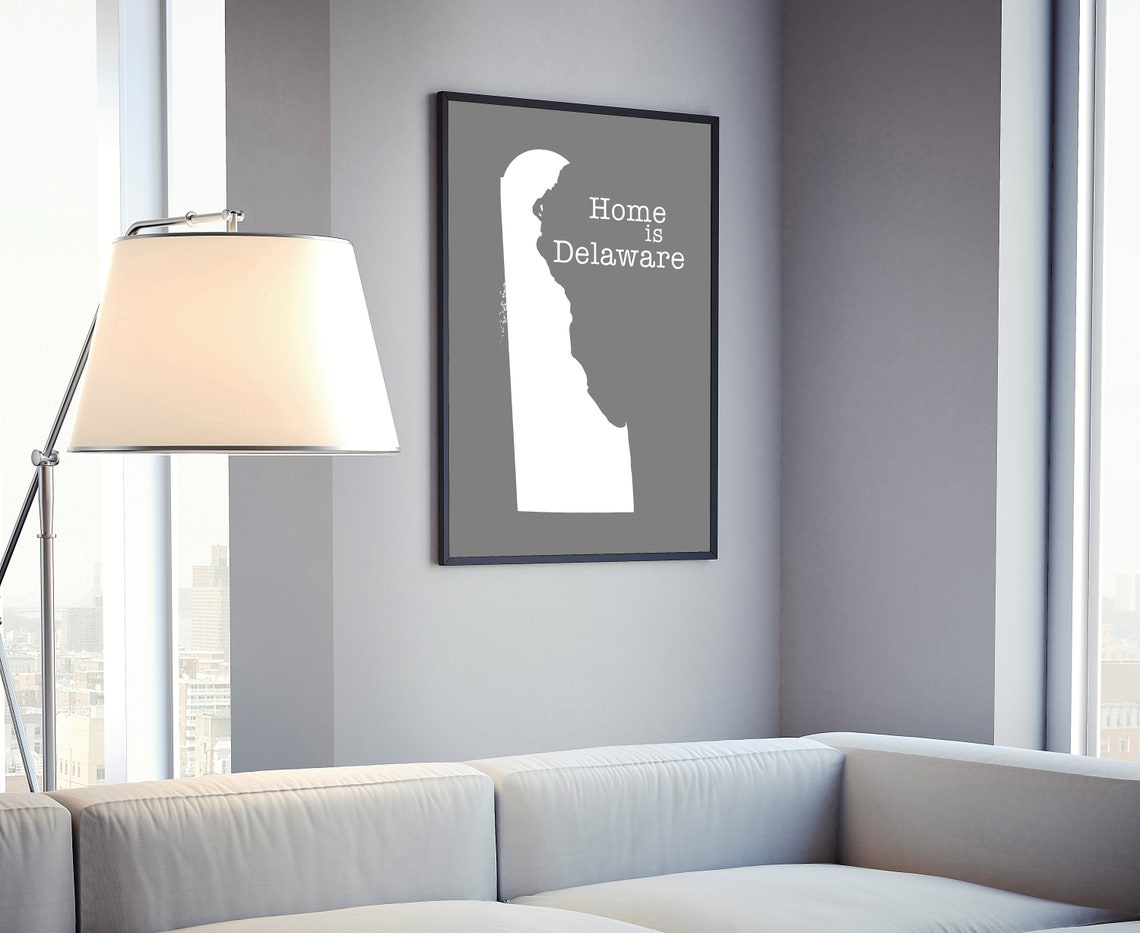 Delaware Home Is Gray Minimalist State Map Silhouette Wall Art Print - Image 4