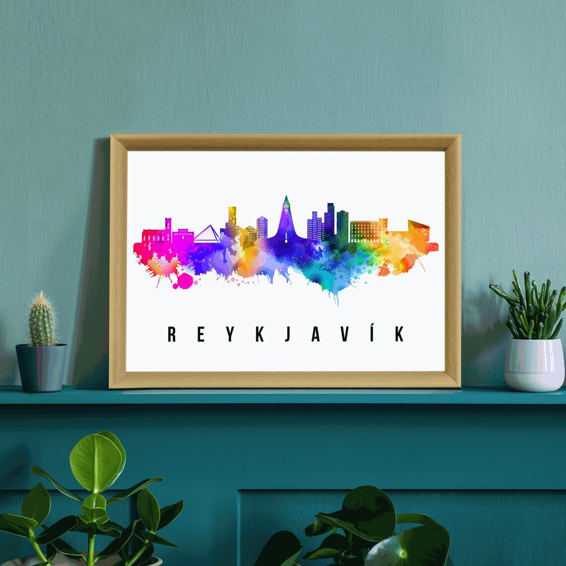 Reykjavik Iceland Rainbow Watercolor City Skyline Silhouette Poster - Image 3