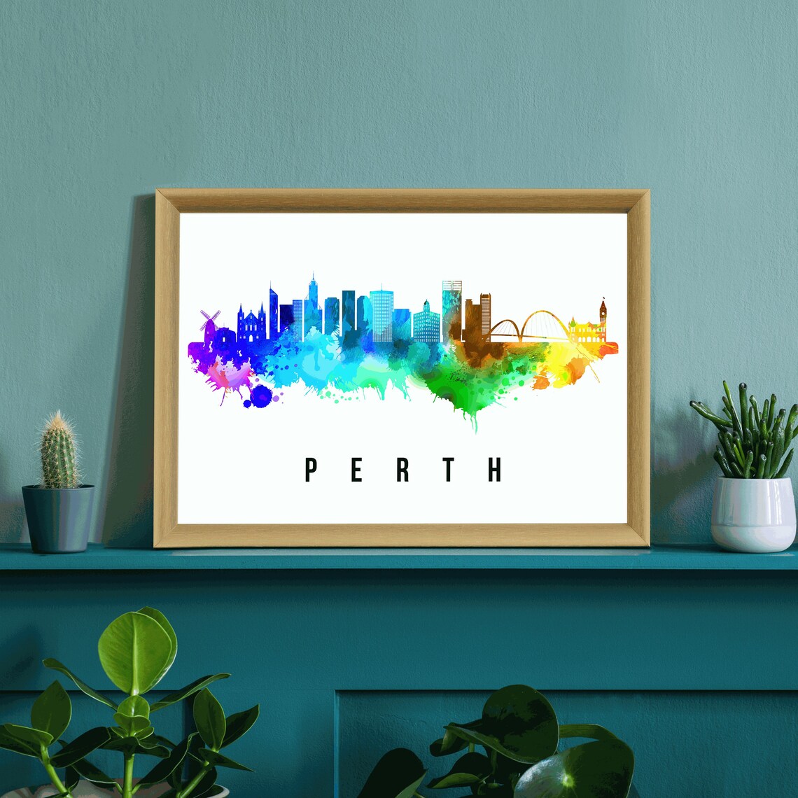 Perth Rainbow Watercolor Skyline Bridge City Art Travel Poster - Image 3