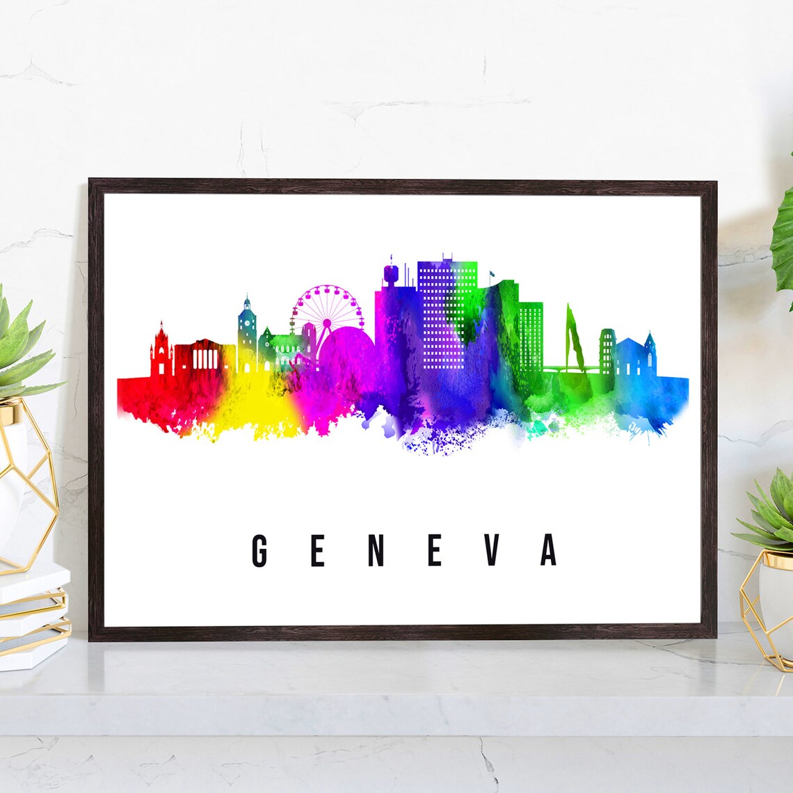 Geneva Switzerland Rainbow Watercolor Skyline Lake View Poster
