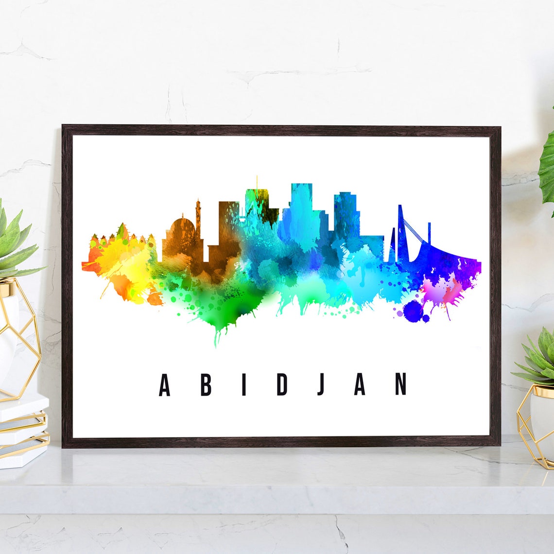 Abidjan Ivory Coast Rainbow Watercolor Splash Skyline Cityscape Poster