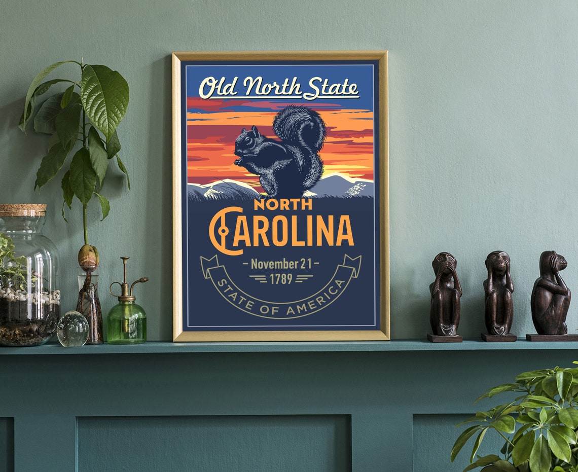 North Carolina Old North State Squirrel Sunset Vintage Travel Poster - Image 3