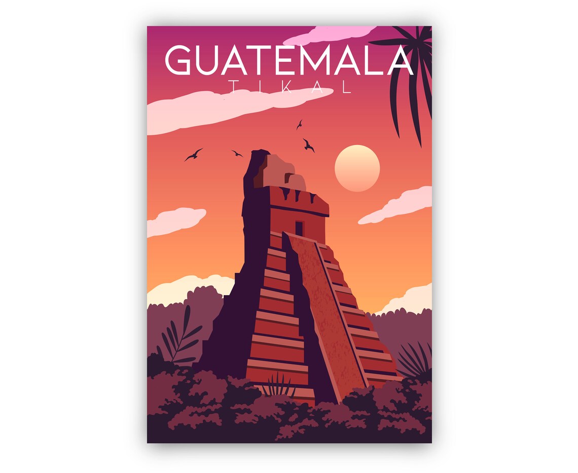 Tikal Guatemala Maya Pyramid Sunset Jungle Vintage Travel Poster - Image 2