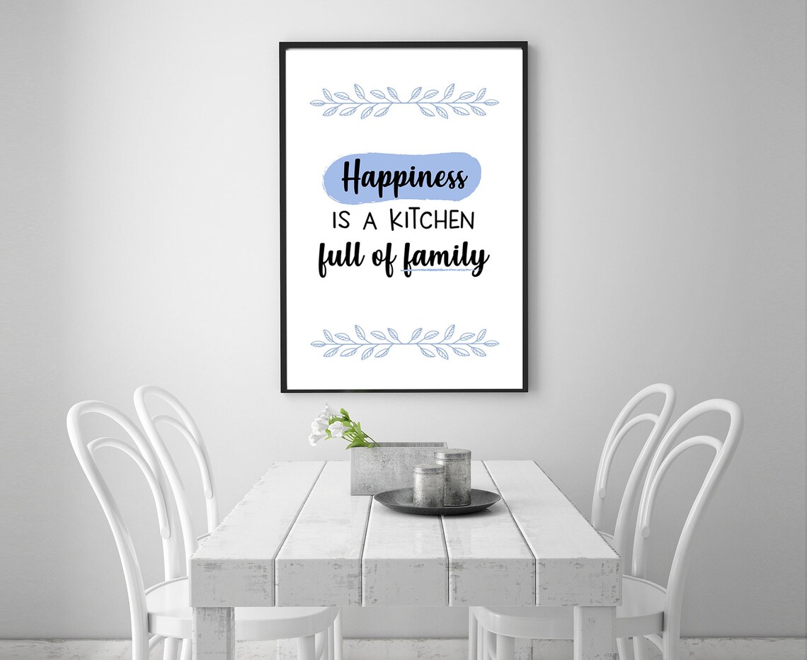 Happiness Is A Kitchen Full Of Family Blue Botanical Quote Poster - Image 4