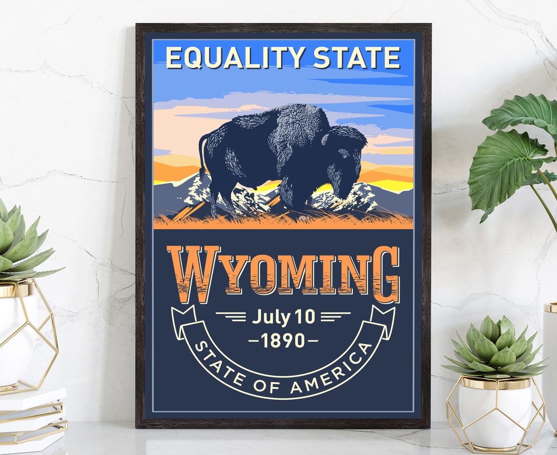 Wyoming Equality State Bison Retro Vintage Travel Poster Print