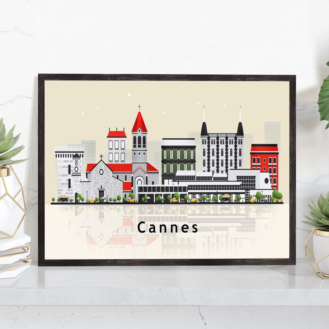 Cannes France Riviera City Skyline Illustration With Reflection Poster