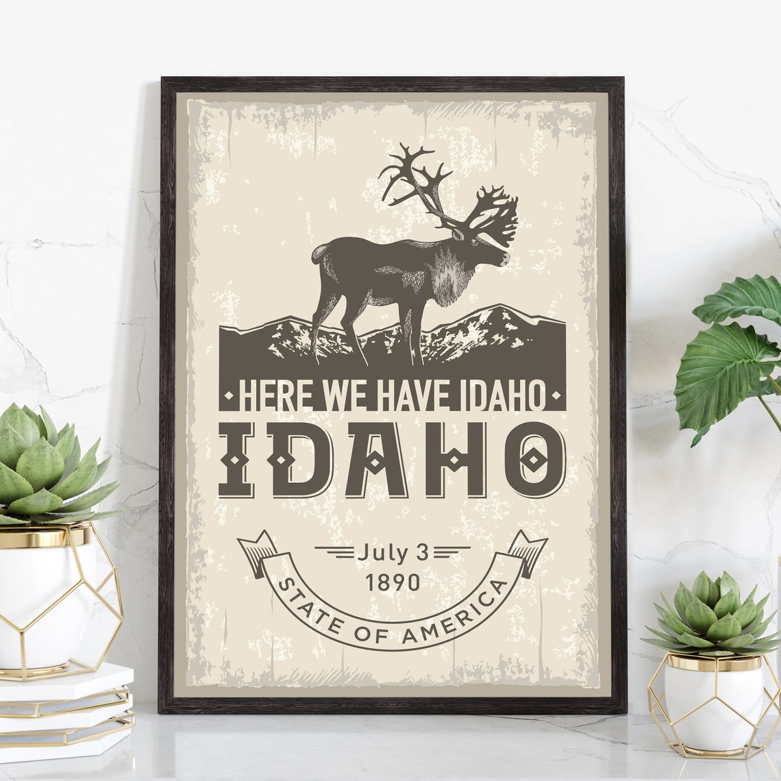 Idaho Here We Have Idaho Vintage Poster with Elk Engraving Artwork