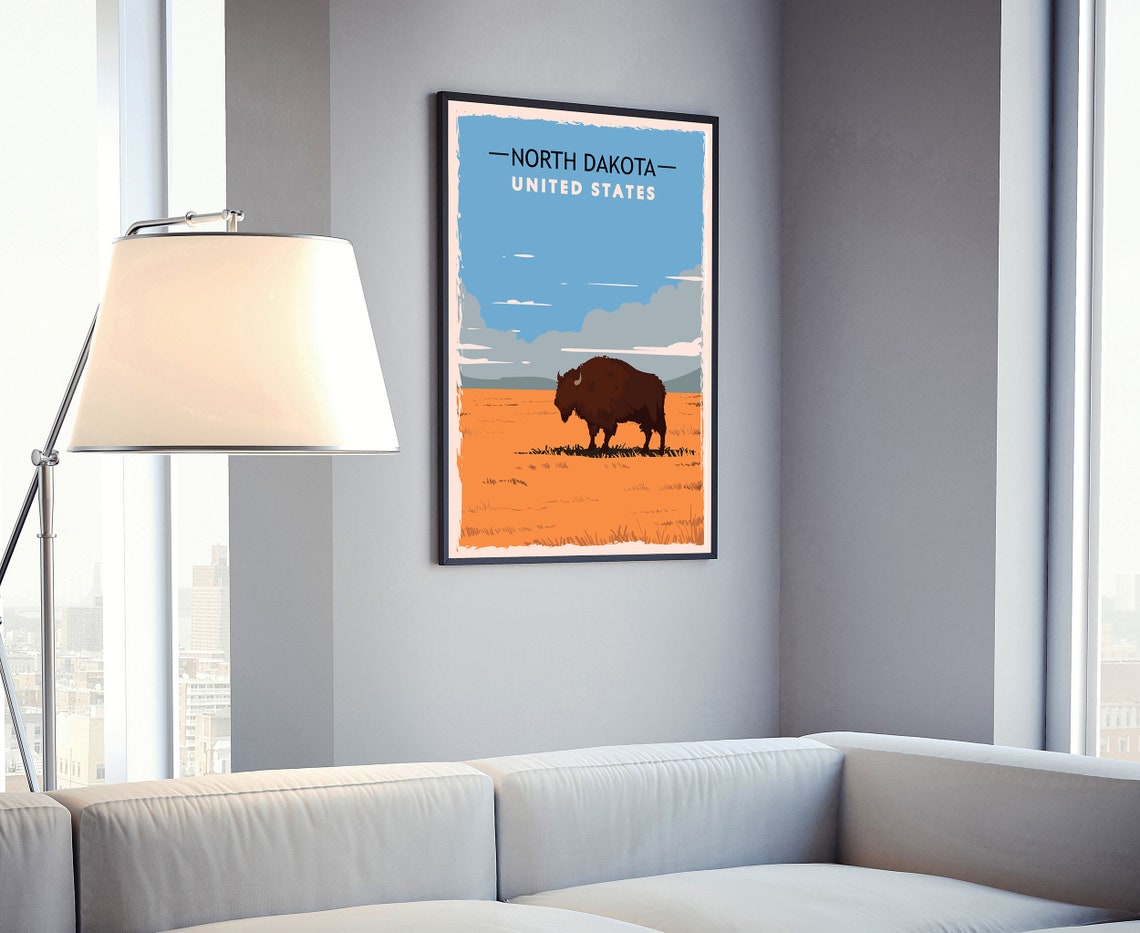 North Dakota Bison Prairie Sunset Vintage Retro Style Travel Poster - Image 4