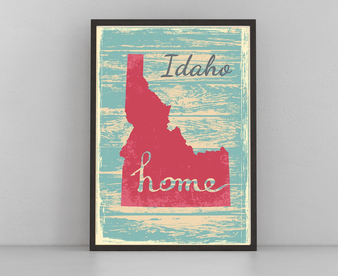 Idaho Home State Red Silhouette Vintage Distressed Teal Map Poster