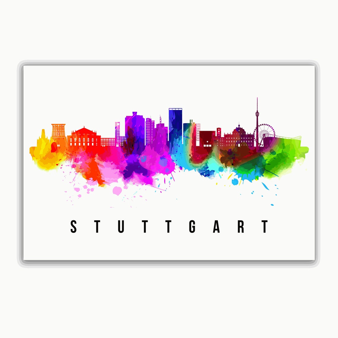 Stuttgart Germany Rainbow Watercolor Skyline Cityscape Art Poster - Image 2