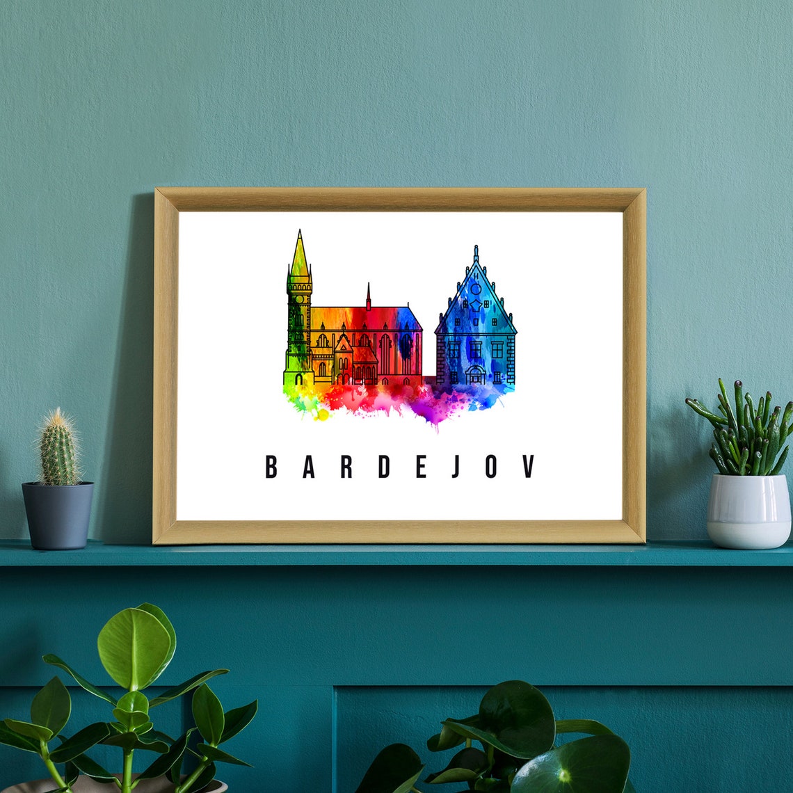 Bardejov Slovakia Watercolor Rainbow Church Old Town Skyline Poster - Image 2