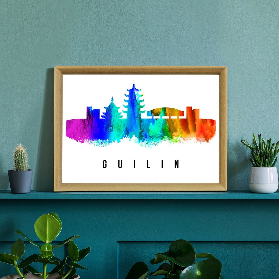 Guilin China Rainbow Watercolor Skyline Pagodas Cityscape Wall Art - Image 2