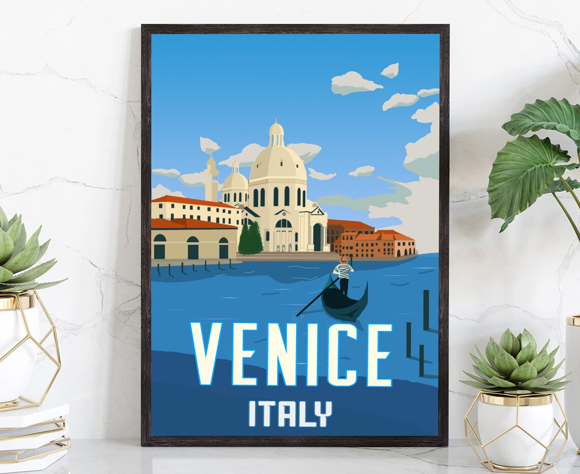 Venice Italy Gondola Basilica Della Salute Vintage Canal Travel Poster
