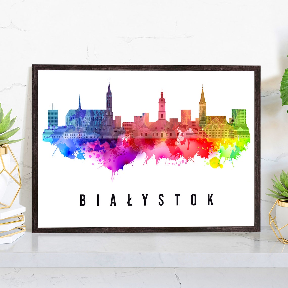 Bialystok Poland Watercolor Rainbow Skyline Cityscape Poster