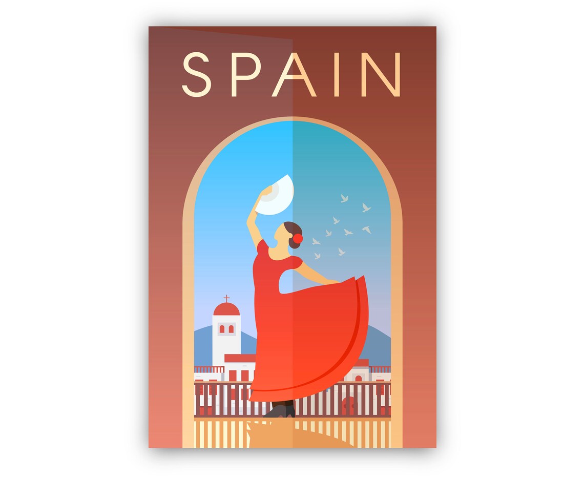 Spain Flamenco Dancer Red Dress Vintage Mediterranean Art Poster - Image 2
