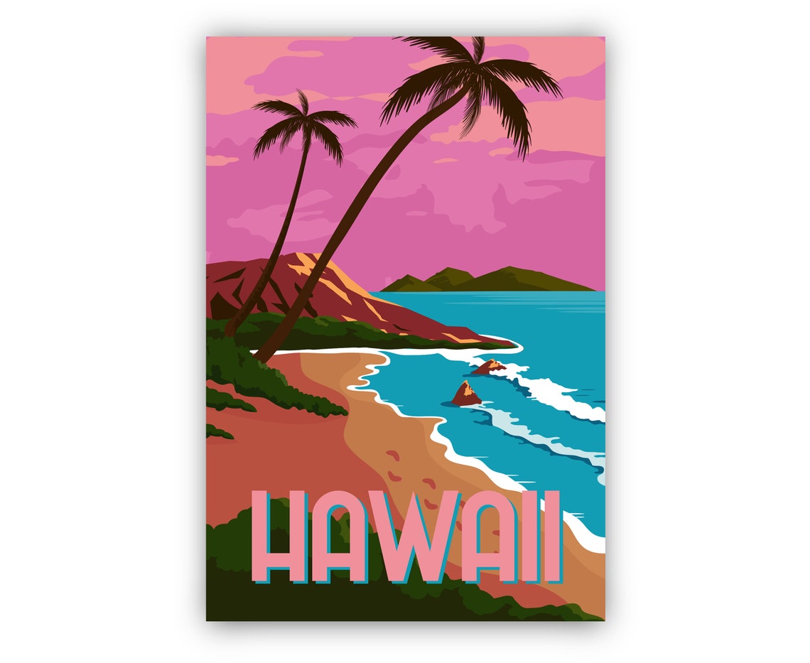 Hawaii Retro Beach Sunset Palm Trees Vintage Style Travel Poster - Image 2