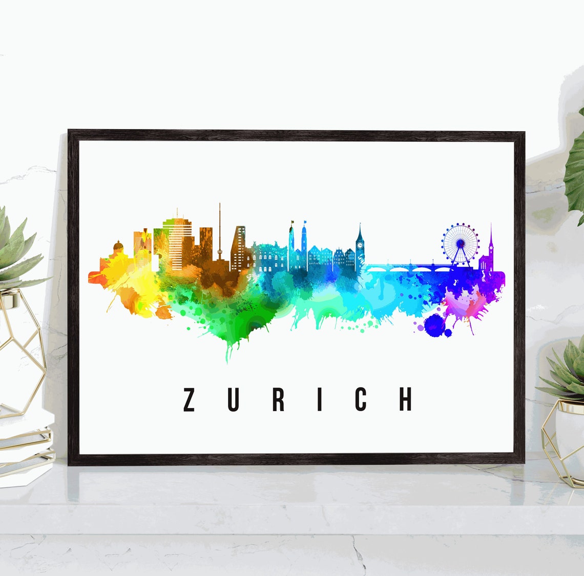 Zurich Switzerland Rainbow Watercolor City Skyline Silhouette Poster