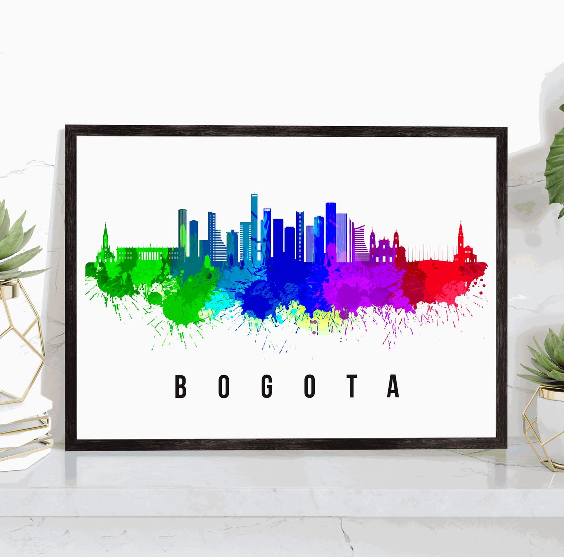 Bogota Colombia Rainbow Watercolor Skyline Silhouette Cityscape Poster