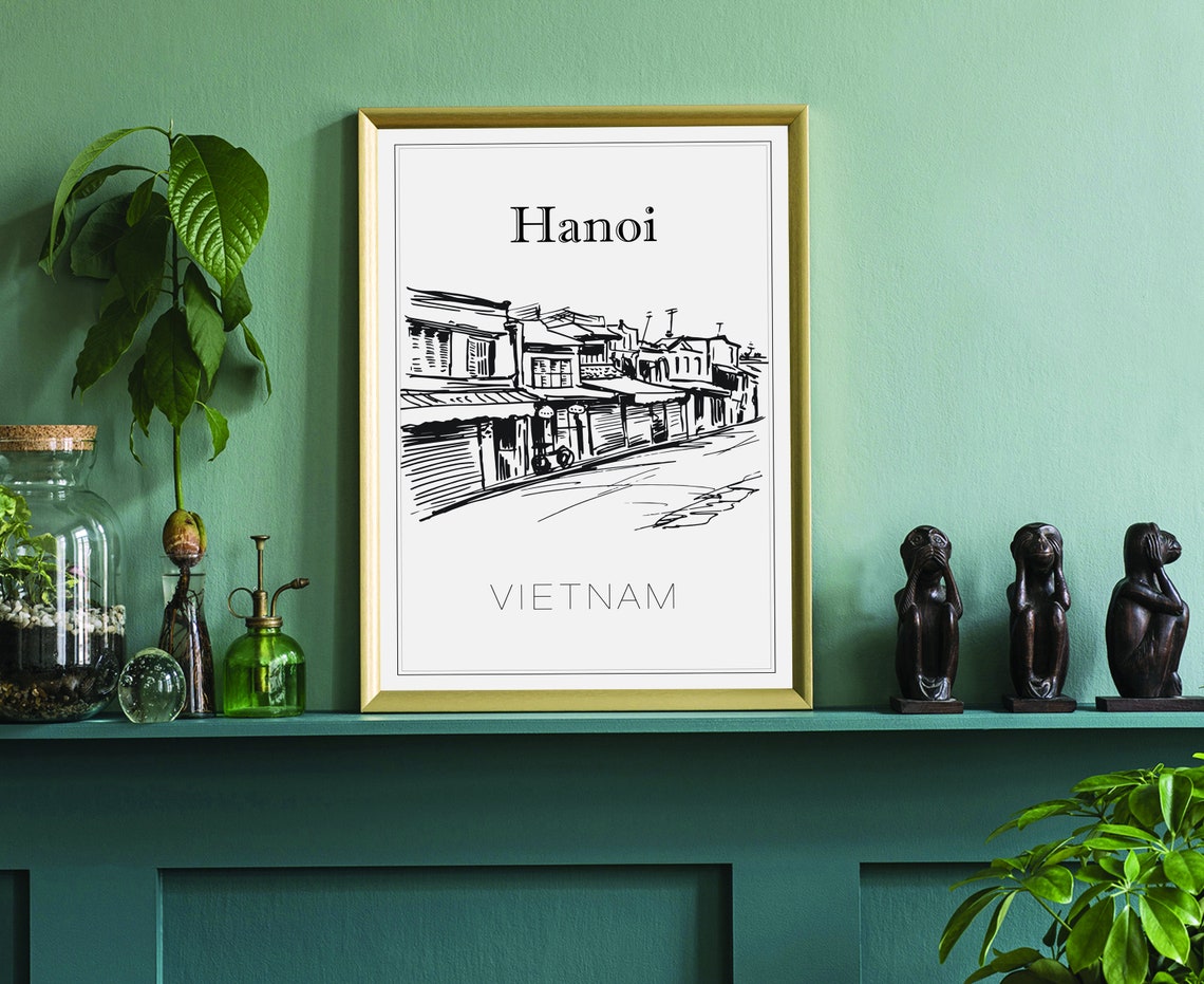 Hanoi Vietnam Old Quarter Street Shops Hand Drawn Line Art Poster - Image 3