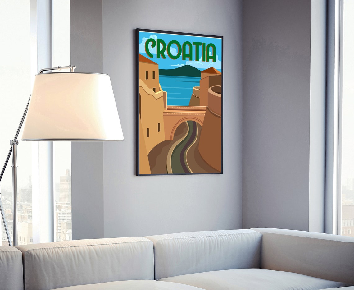 Croatia Historic Walled City Bridge Sea View Retro Travel Poster - Image 4