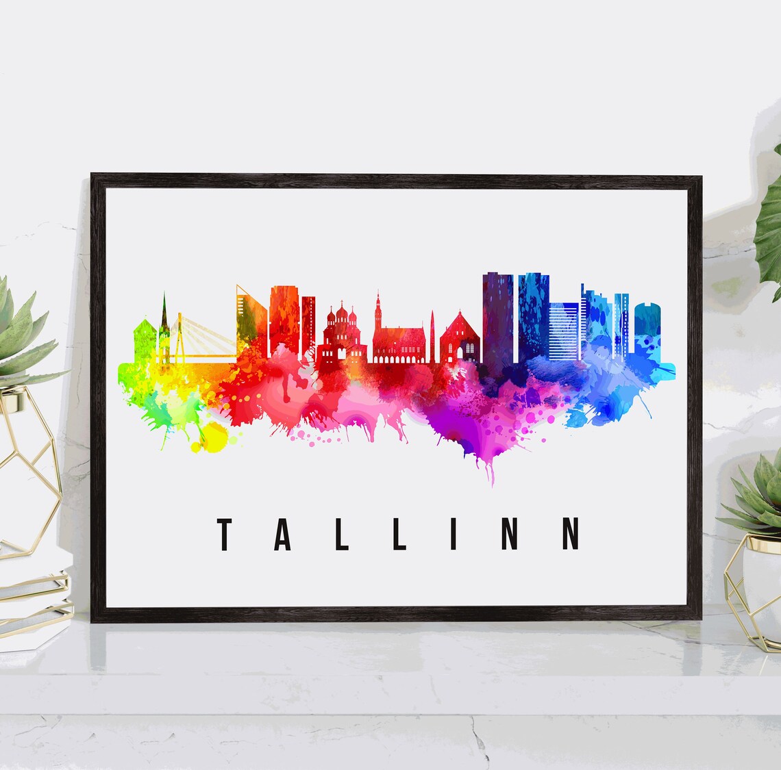 Tallinn Estonia Rainbow Watercolor Old Town Skyline Silhouette Poster