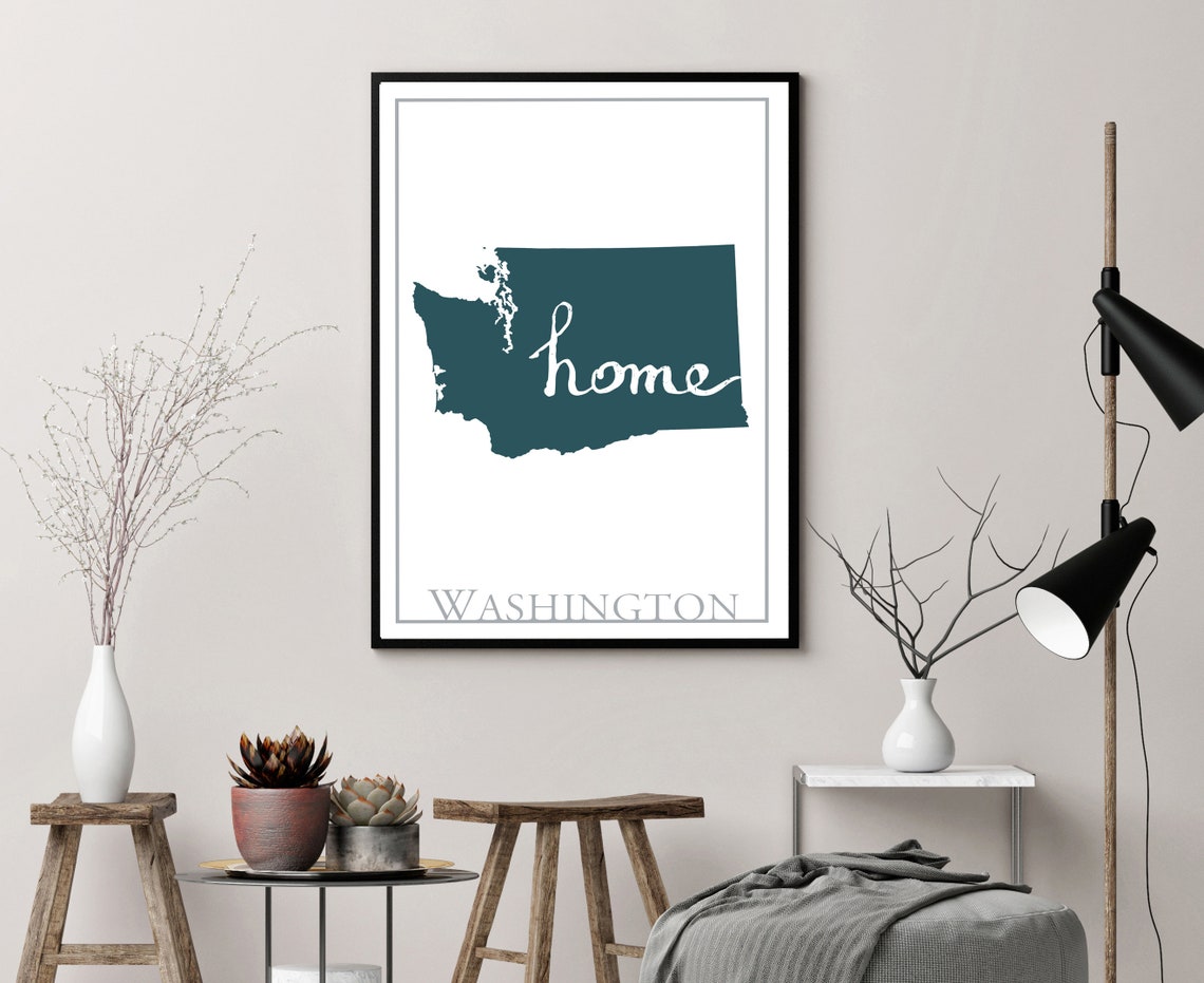 Washington Modern Minimalist Teal Home Script Silhouette Wall Art - Image 3