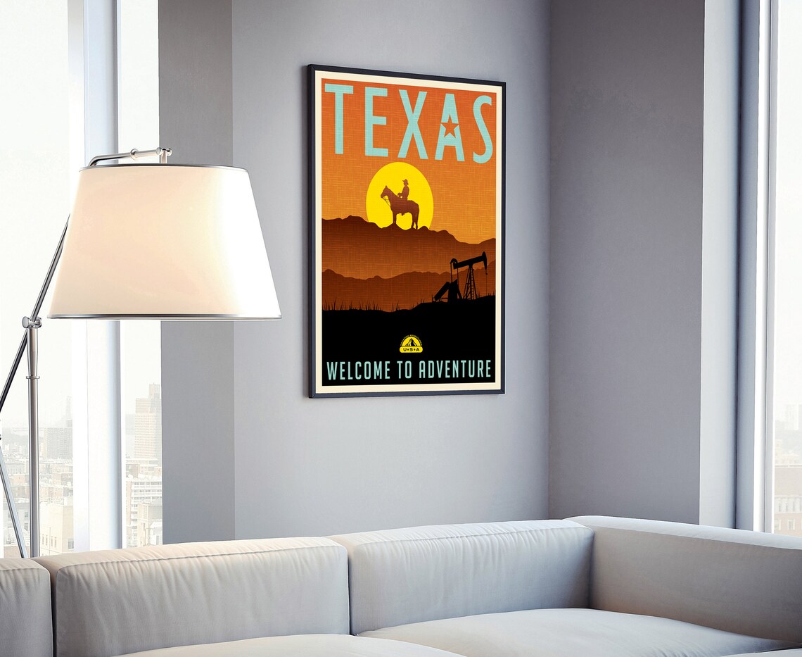 Texas Cowboy Sunset Silhouette Oil Field Retro Adventure Travel Poster - Image 4