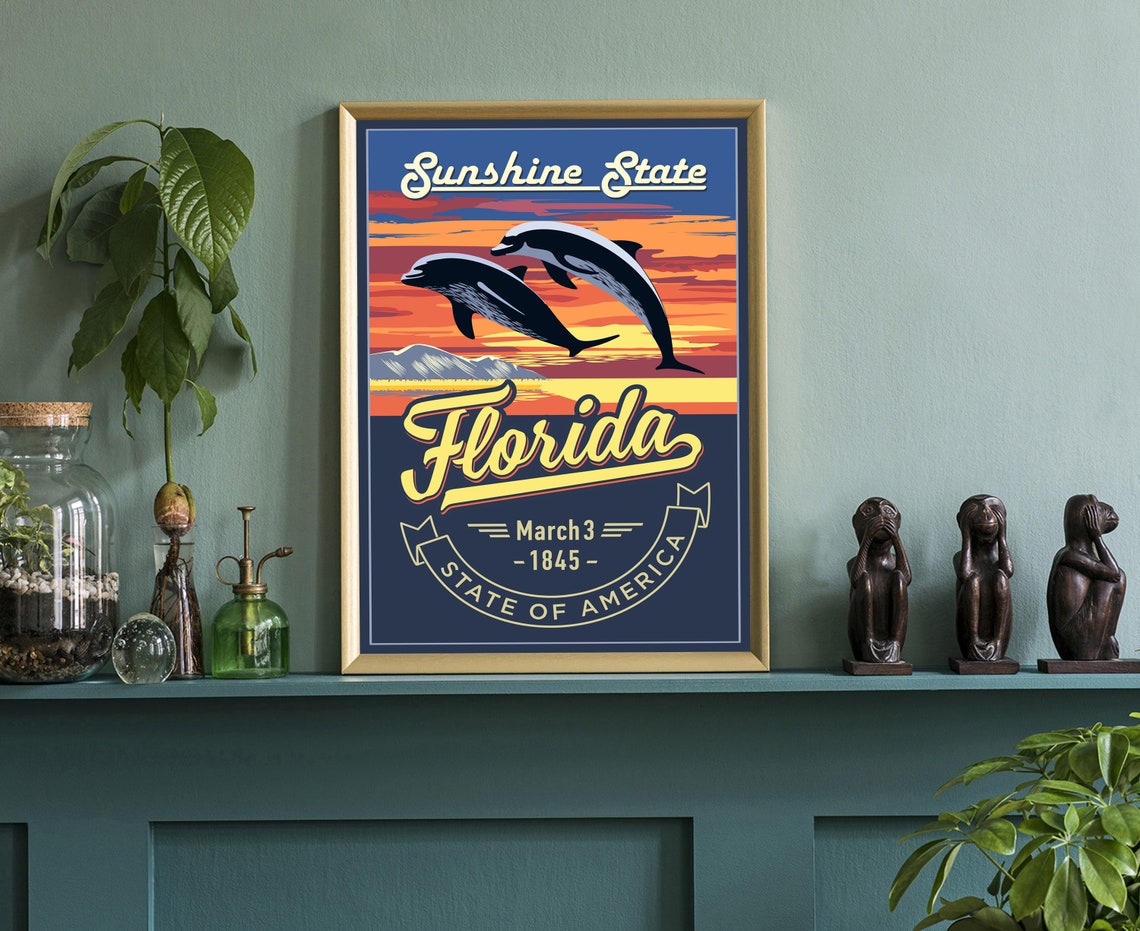 Florida State Emblem Retro Dolphins Sunshine State Travel Poster - Image 4