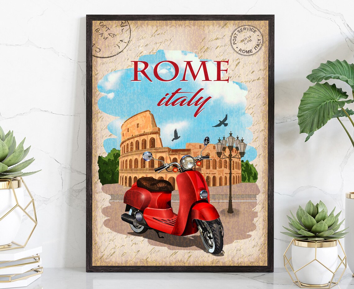 Rome Italy Vintage Colosseum Red Vespa Scooter Postcard Travel Poster