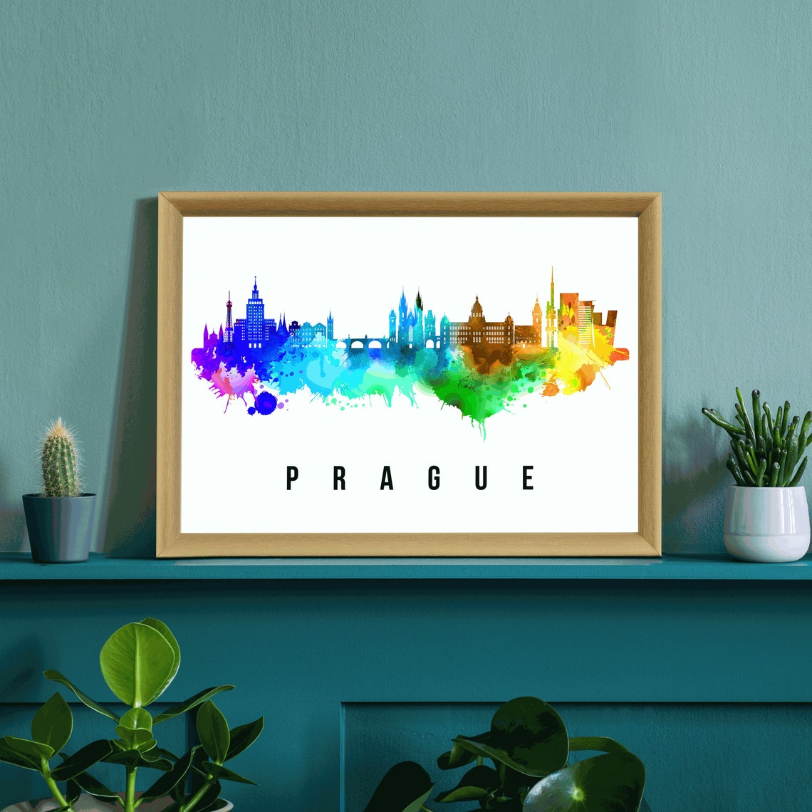 Prague Rainbow Watercolor Old Town Skyline Silhouette Art Poster - Image 3