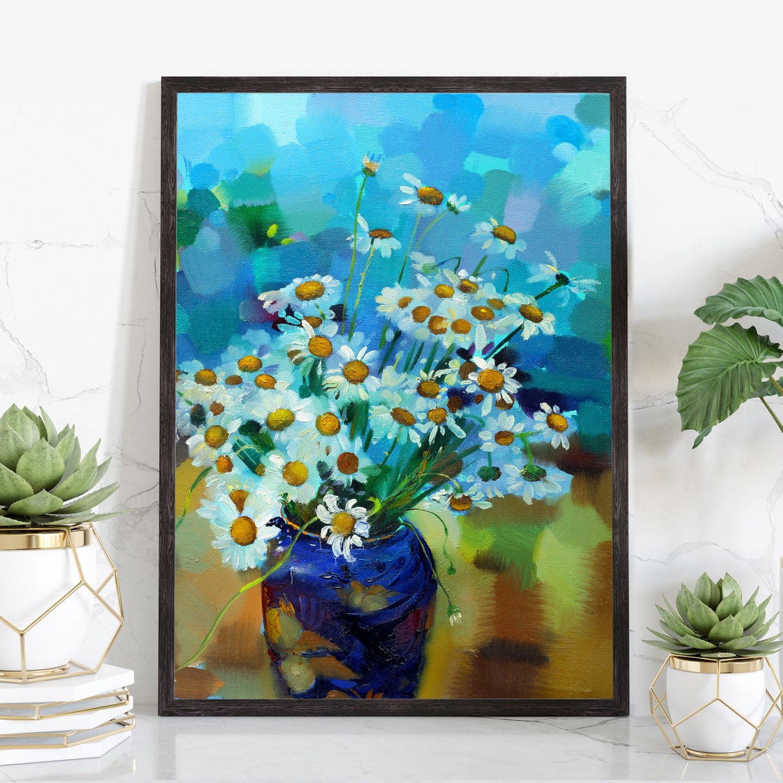 White Daisies Blue Vase Impressionist Oil Painting Floral Wall Poster