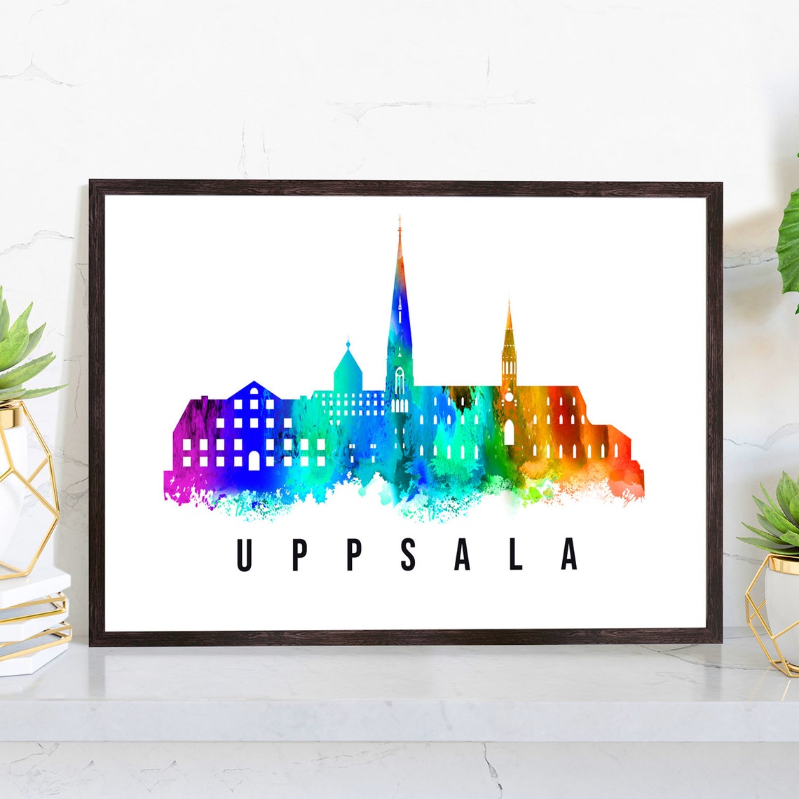 Uppsala Sweden Rainbow Watercolor Old Town Skyline Travel Poster