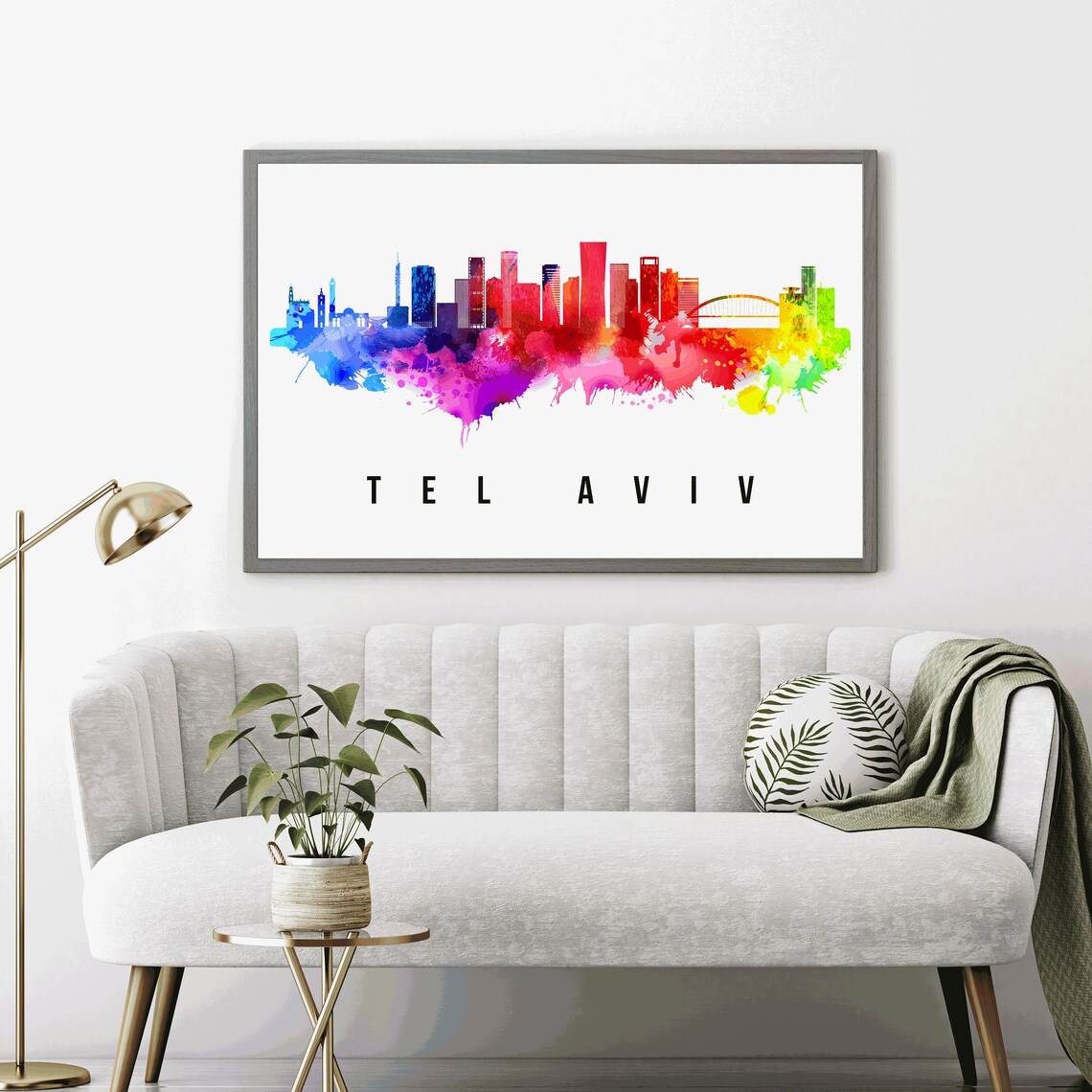 Tel Aviv Israel Rainbow Watercolor City Skyline Silhouette Art Poster - Image 4