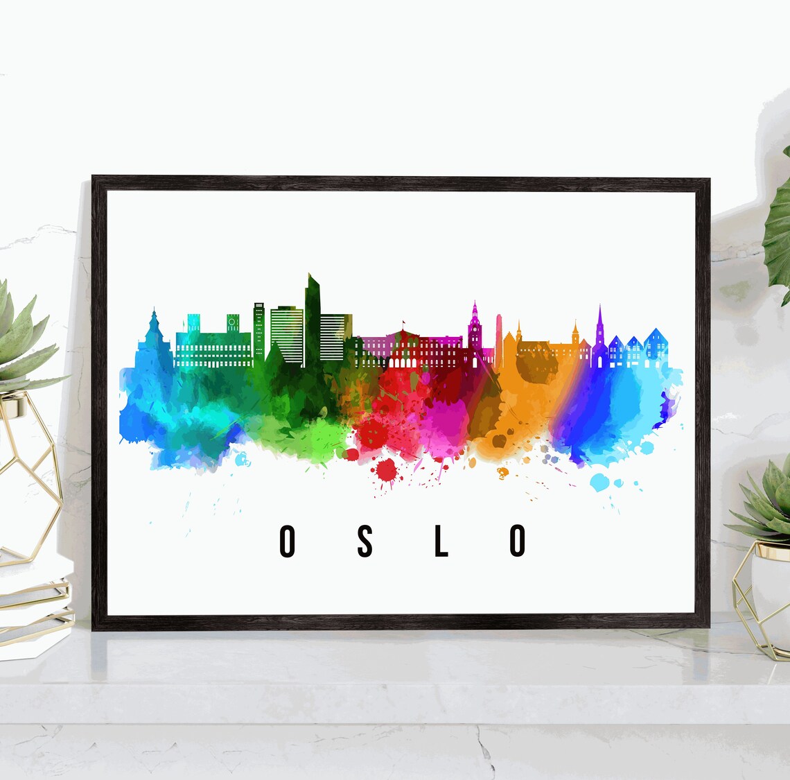 Oslo Norway Rainbow Watercolor City Skyline Silhouette Art Poster