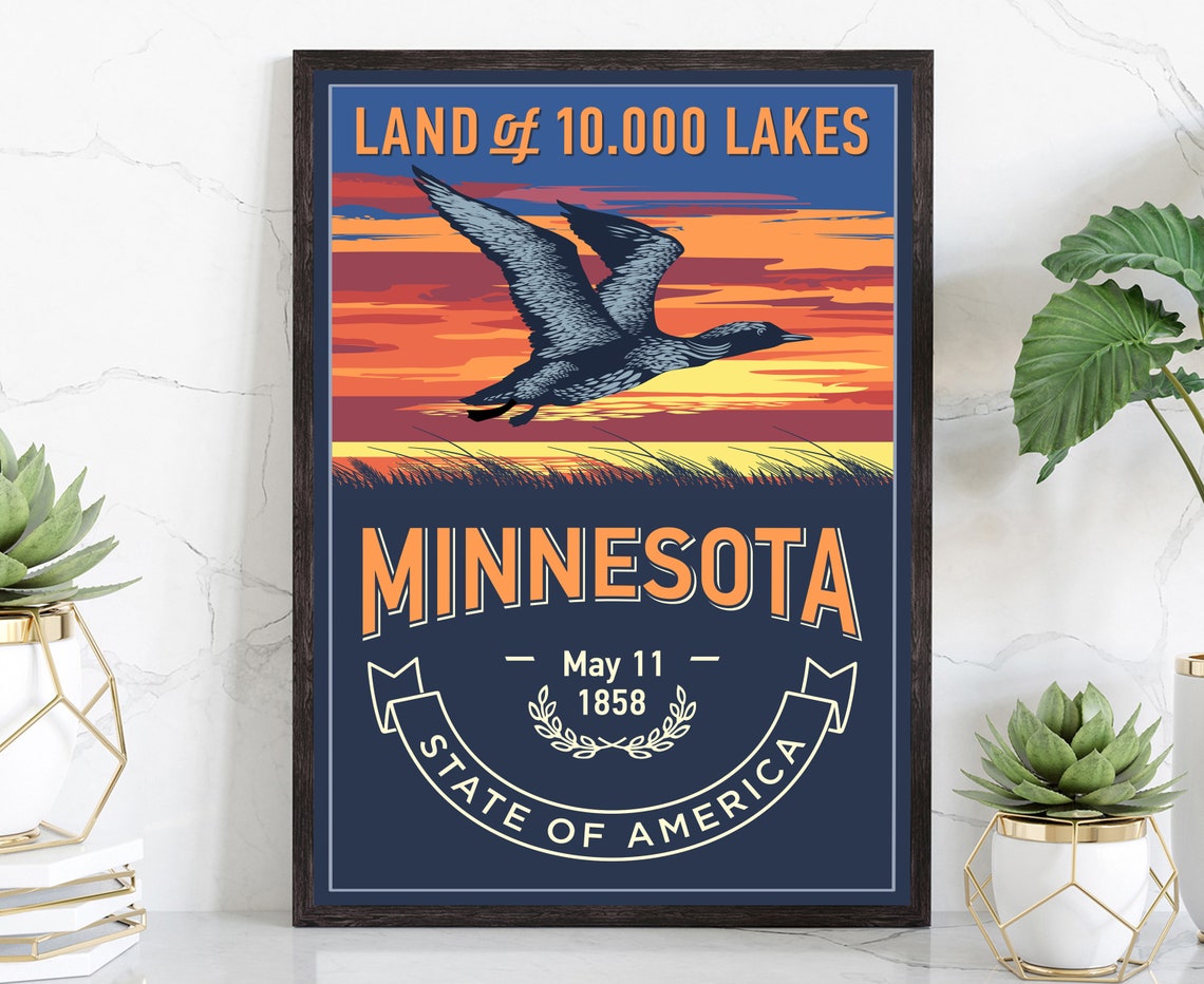 Minnesota State Emblem Retro Loon Land of Lakes Travel Poster