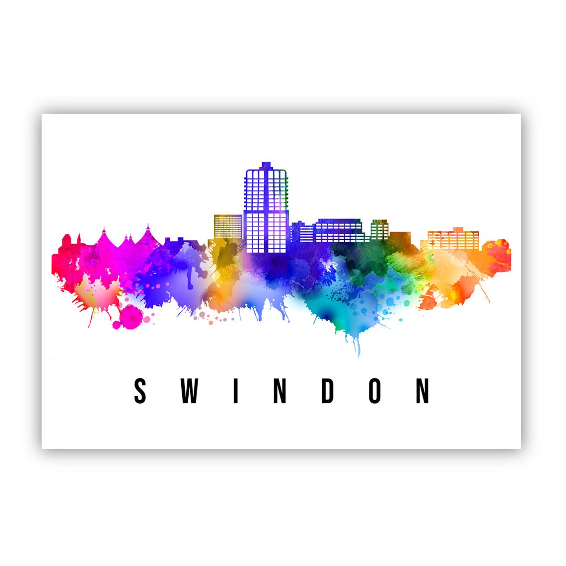 Swindon England Rainbow Watercolor Skyline Cityscape Wall Art - Image 2
