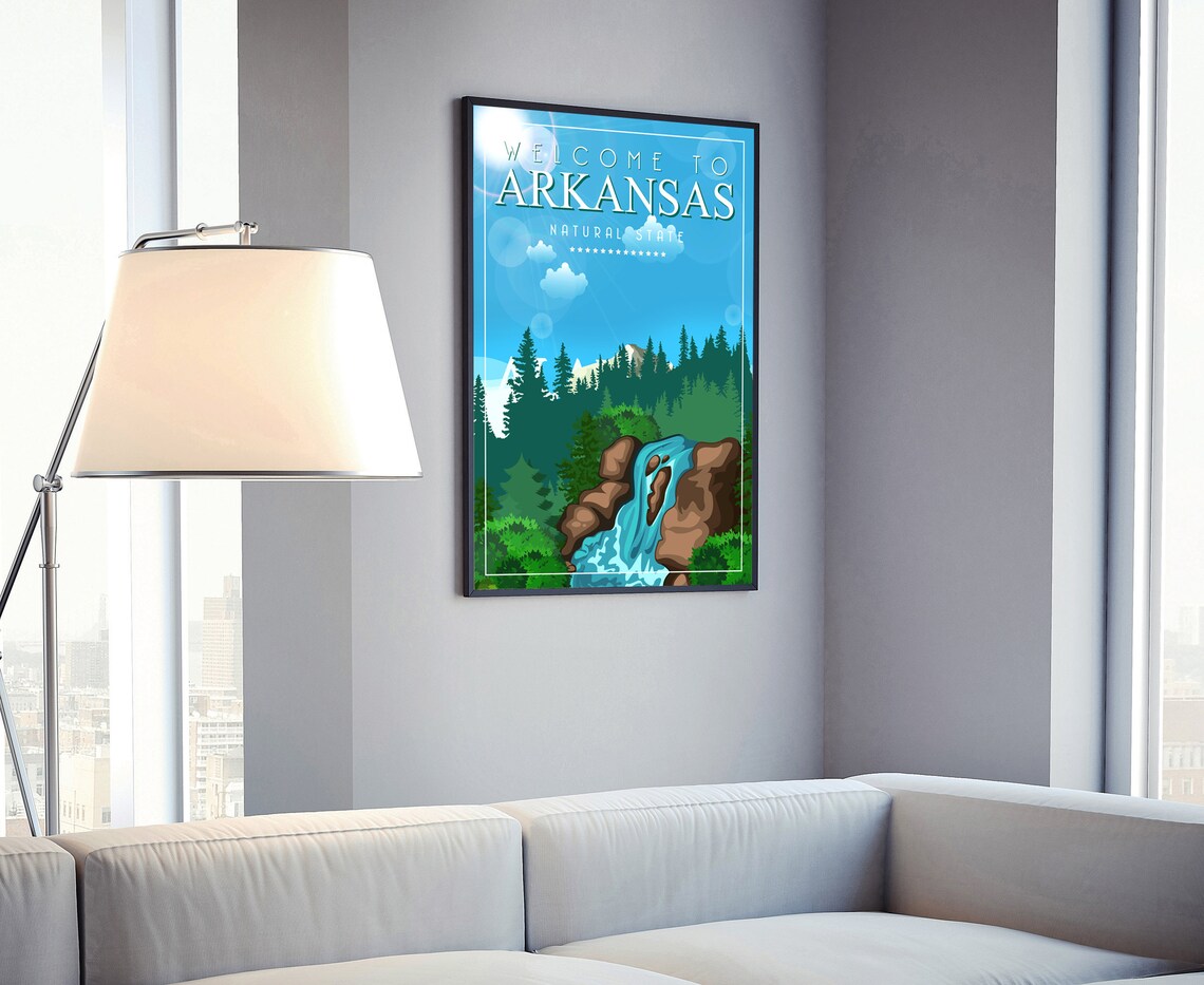 Arkansas Natural State Retro Waterfall Pine Forest Travel Poster - Image 4