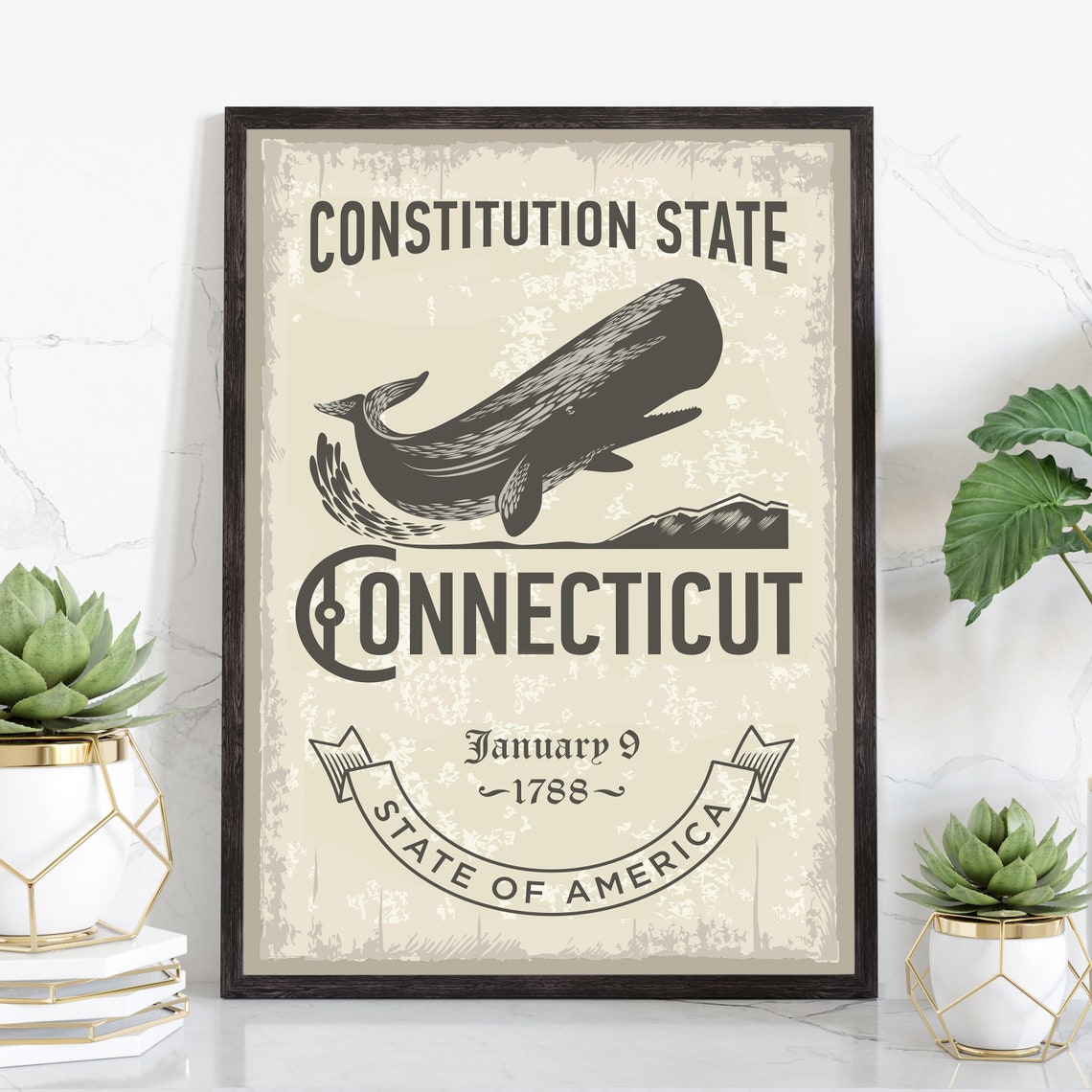 Connecticut Constitution State Whale Vintage Emblem Travel Poster