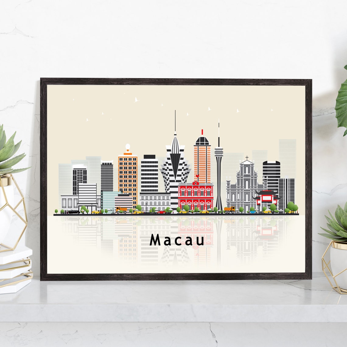 Macau China Tower Ruins Of St Pauls Flat Illustration Travel Poster