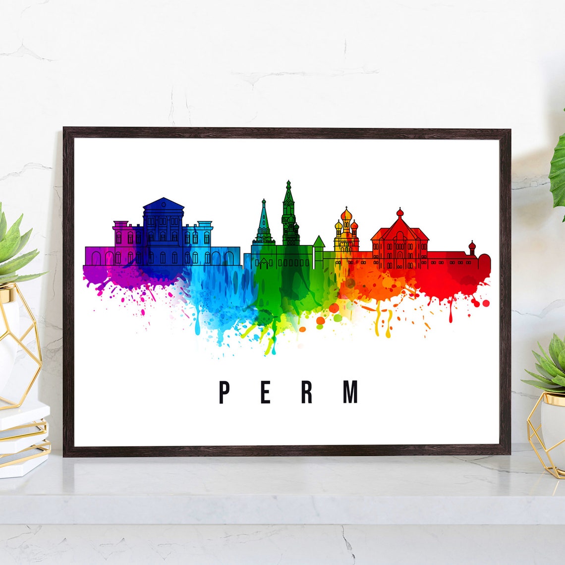 Perm Russia Rainbow Watercolor Skyline Church Onion Domes Poster