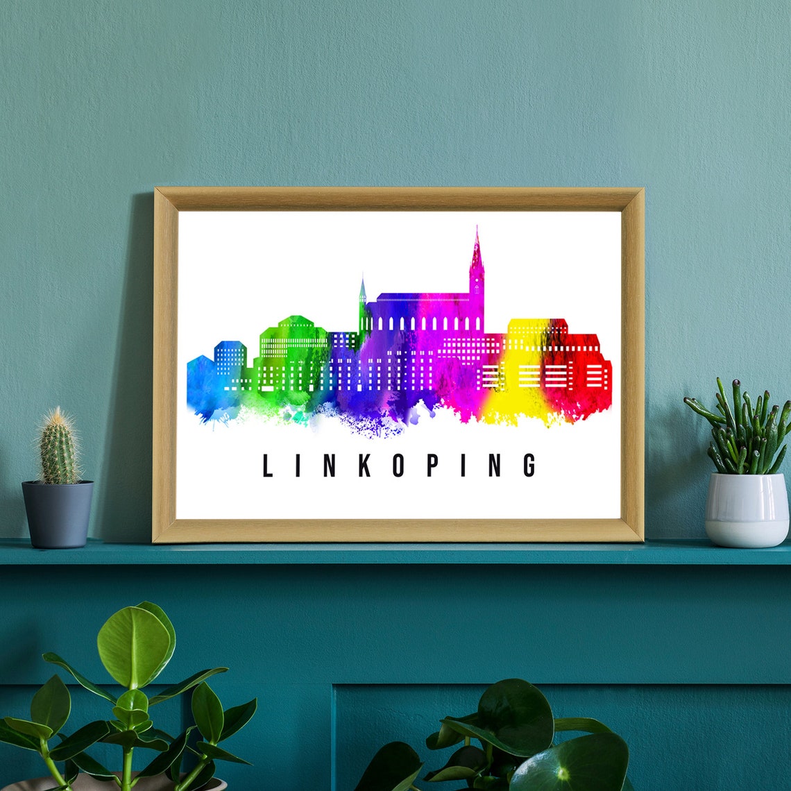 Linkoping Sweden Rainbow Watercolor City Skyline Travel Poster - Image 2