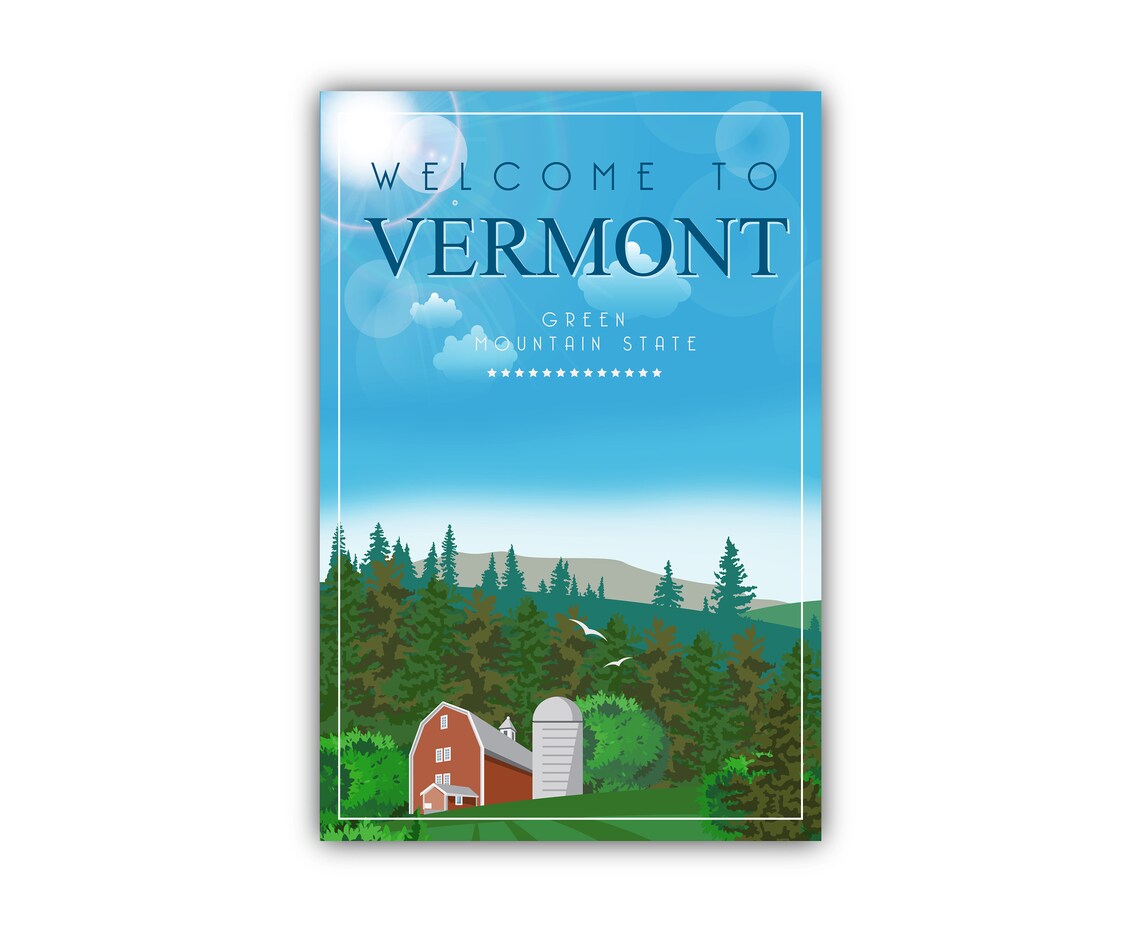 Vermont Green Mountain State Red Barn Country Scene Travel Poster - Image 2