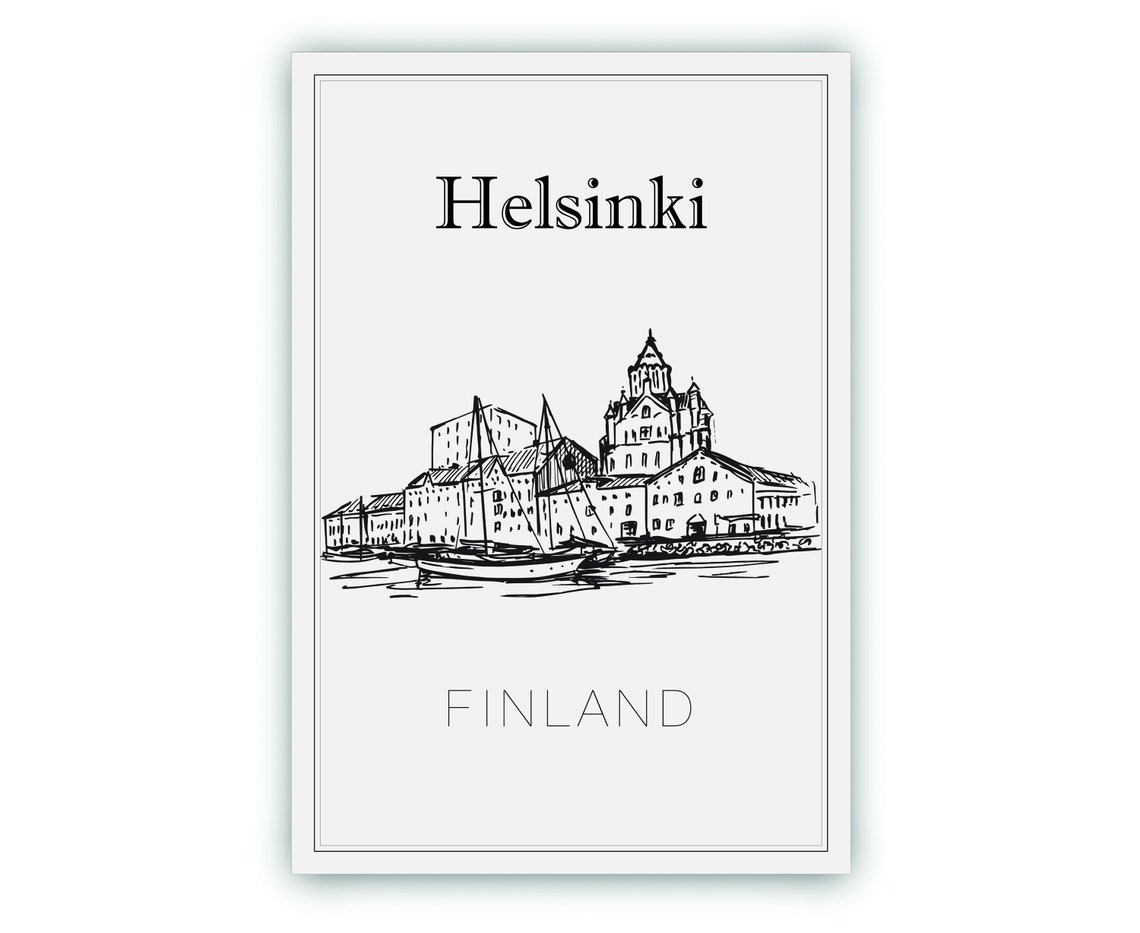 Helsinki Finland Uspenski Cathedral Harbor Hand Drawn Art Poster - Image 2
