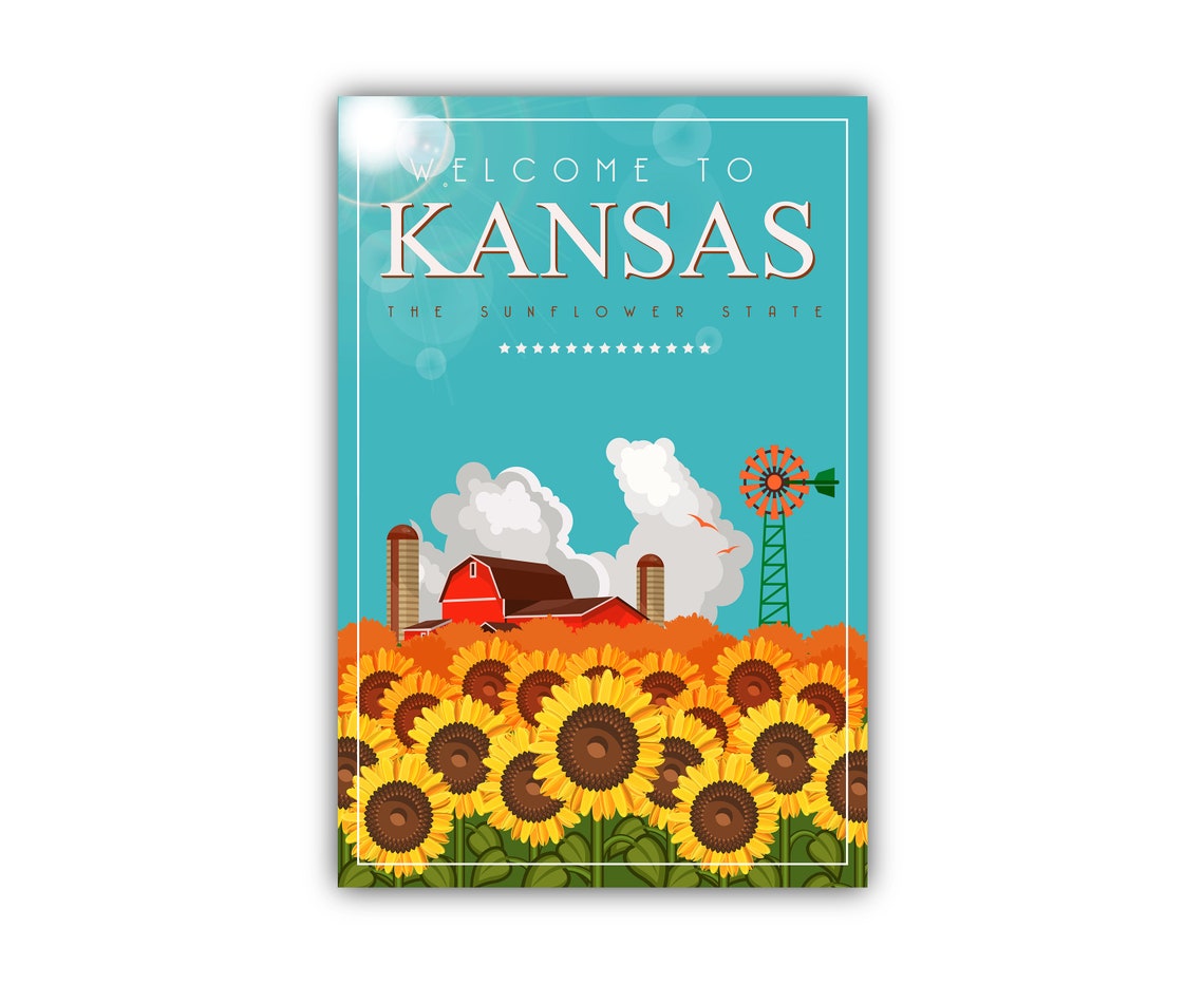 Kansas Sunflower State Retro Barn Windmill Welcome Travel Poster - Image 2