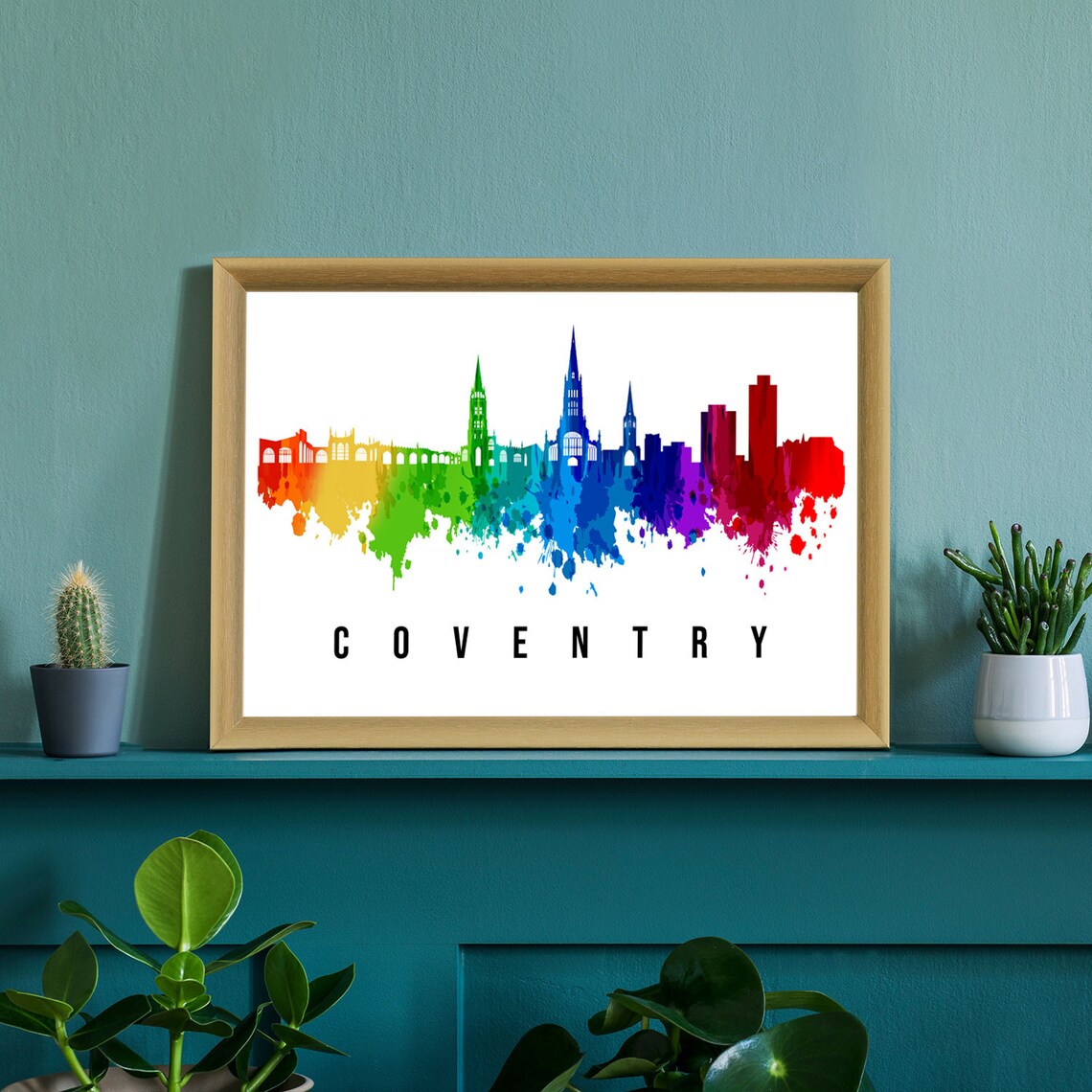 Coventry England Rainbow Watercolor Skyline Cathedral Spires Art Poster - Image 3