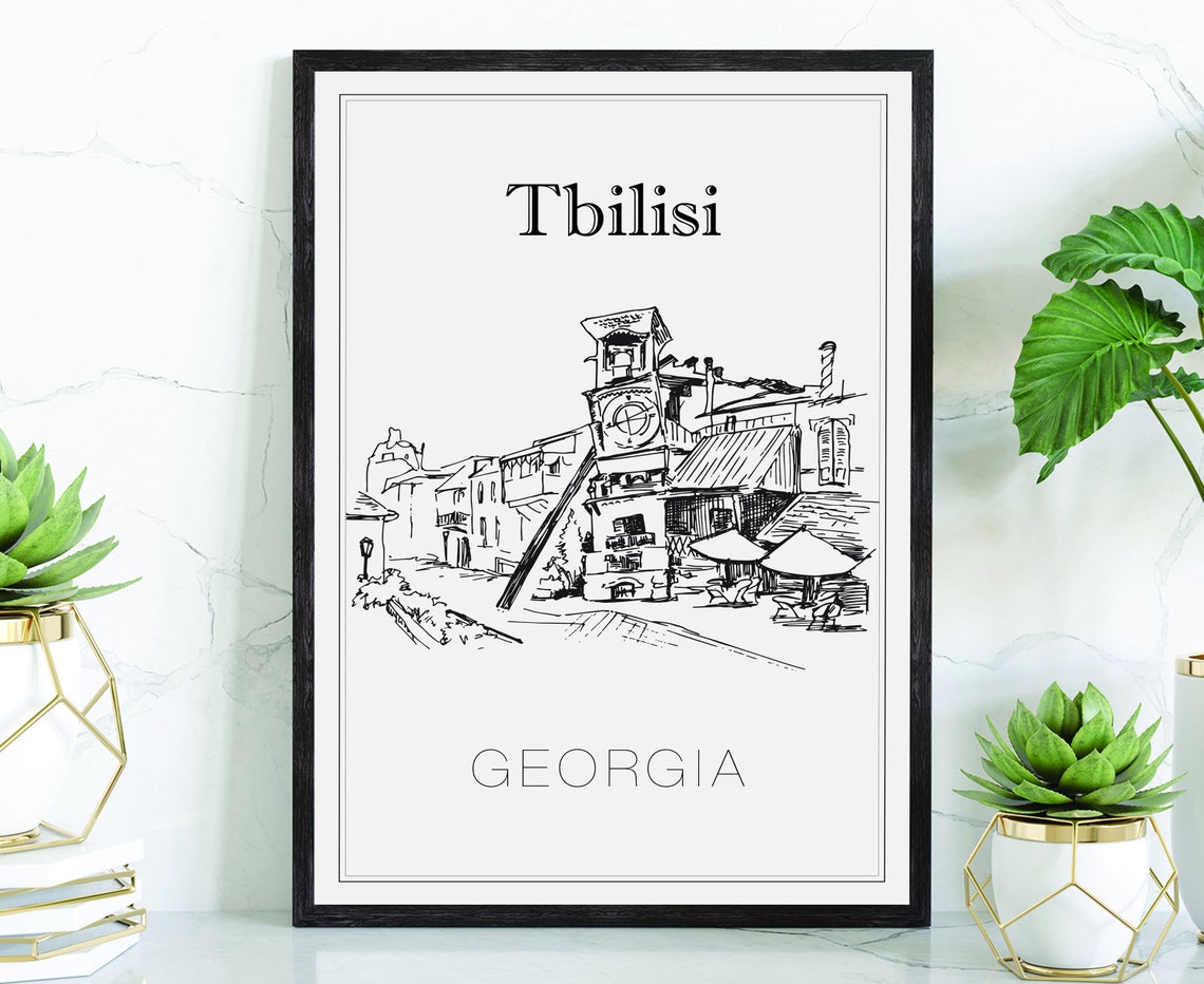 Tbilisi Georgia Hand Drawn Clock Tower Street Sketch Travel Poster